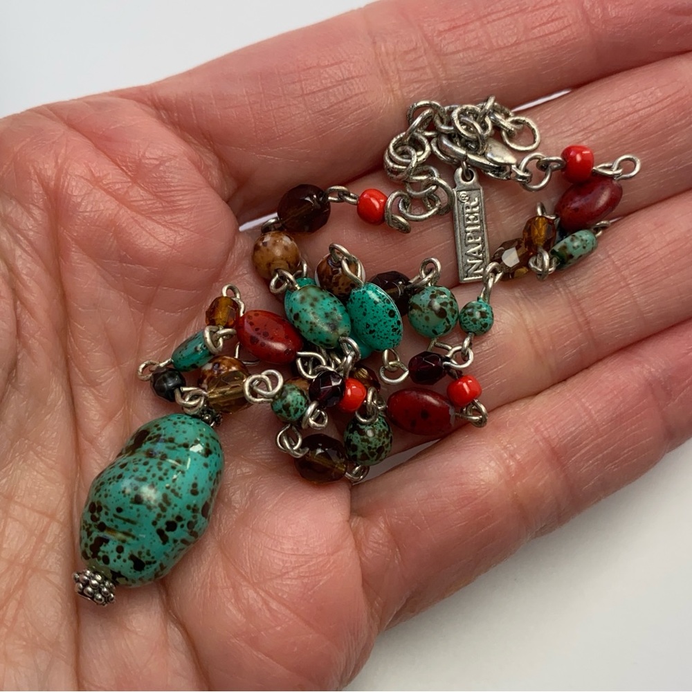 Vintage Napier Retro Faux Turquoise Pendant Beaded Stone Station Y Drop Necklace - Picture 8 of 9